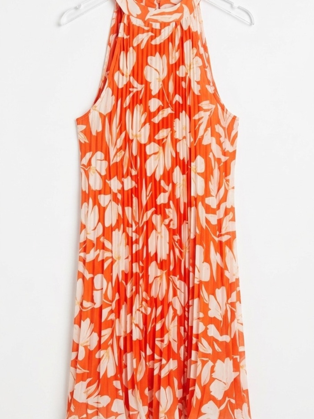 Orange and Cream Floral Pleated Halter Dress